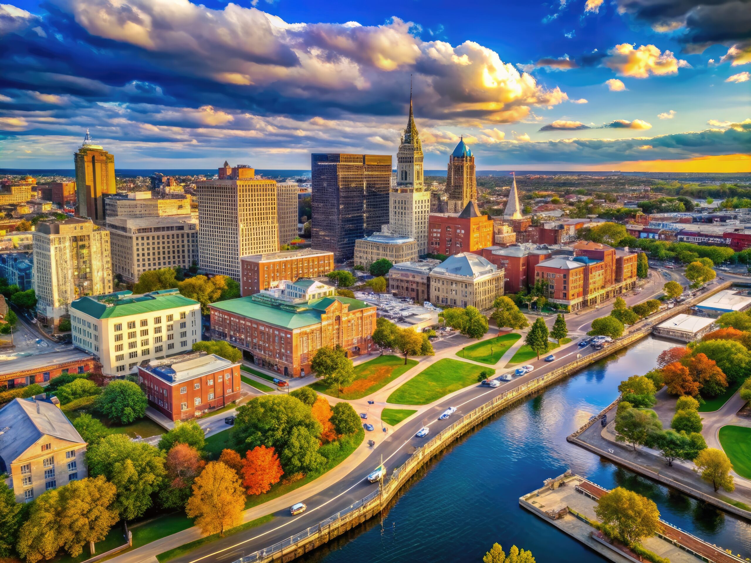 Aerial view of downtown Providence Rhode Island skyline with autumn trees and sunset sky, representing local real estate market